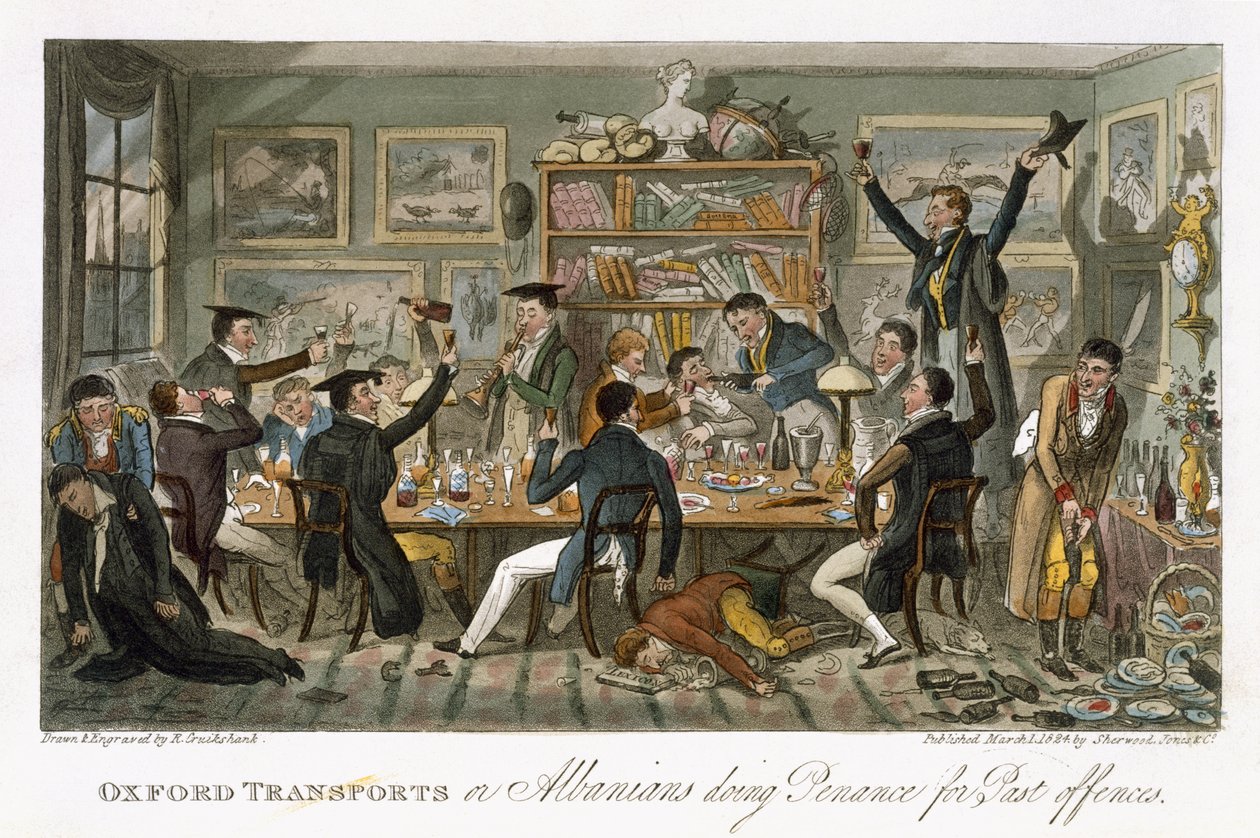 Oxford Transports aneb Albánci konající pokání za minulé trestné činy, z „Anglického špióna“, Charles Molloy Westmacott (1788-1868), publikováno v Londýně, 1825 od Isaac Robert Cruikshank