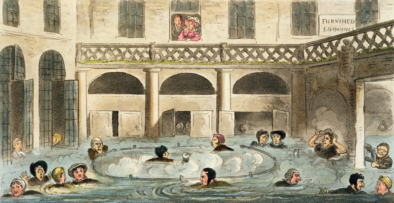 Public Bathing at Bath, or Stewing Alive, tisk vydal Sherwood und Co, 1825 od Isaac Robert Cruikshank