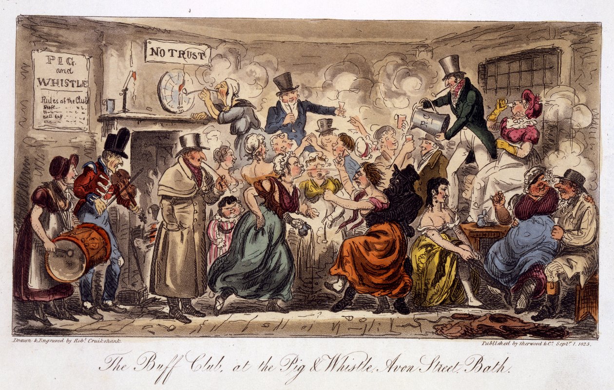 The Buff Club at the Pig and Whistle, Avon Street, Bath, od The English Spy, pub. Londýn, 1825 (ručně kolorovaná akvatinta) od Isaac Robert Cruikshank