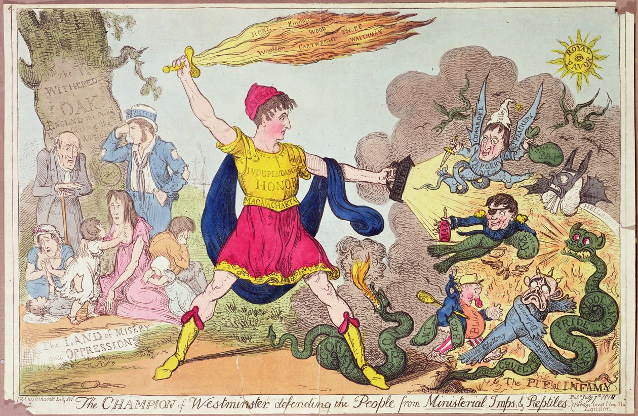 The Champion of Westminster, bránící lid před ministerskými skřety a plazy, 1818 (barevný lept) od Isaac Robert Cruikshank