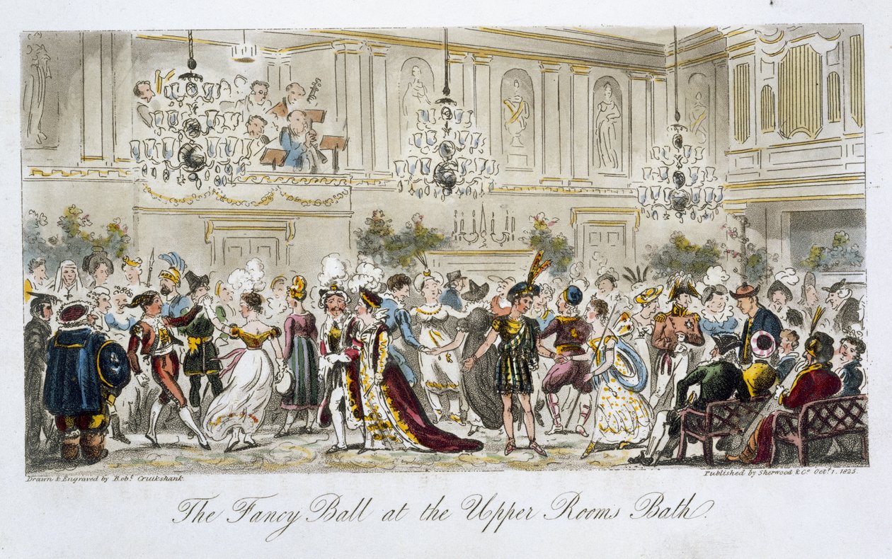 The Fancy Ball at the Upper Rooms, Bath, z knihy "The English Spy", kterou napsal Charles Molloy Westmacott (1788-1868), vydáno v Londýně, 1825. od Isaac Robert Cruikshank