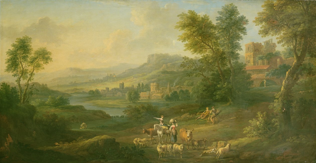 Pastevci a pastýřky v idylické pastorální krajině od Isaac de Moucheron