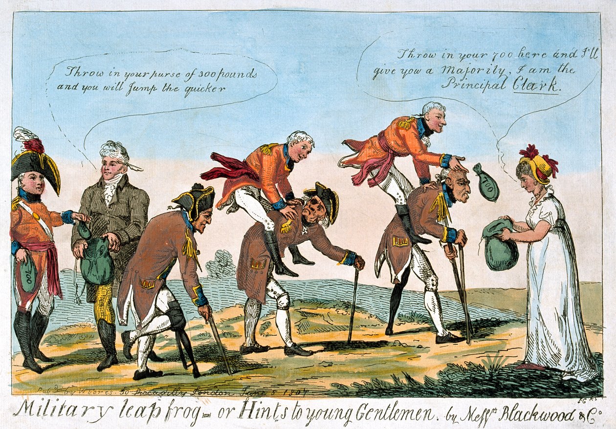 „Vojenský skokan aneb rady mladým pánům“ od Isaac (after) Cruikshank