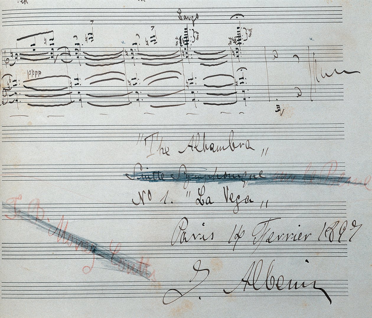 Noty pro klavírní suitu „“ La Vega “ s autogramem Isaaca Albenize (1860-1909), španělského skladatele a klavíristy. Datum rukopisu 14. února 1897. Národní knihovna Katalánska. od Isaac Albeniz
