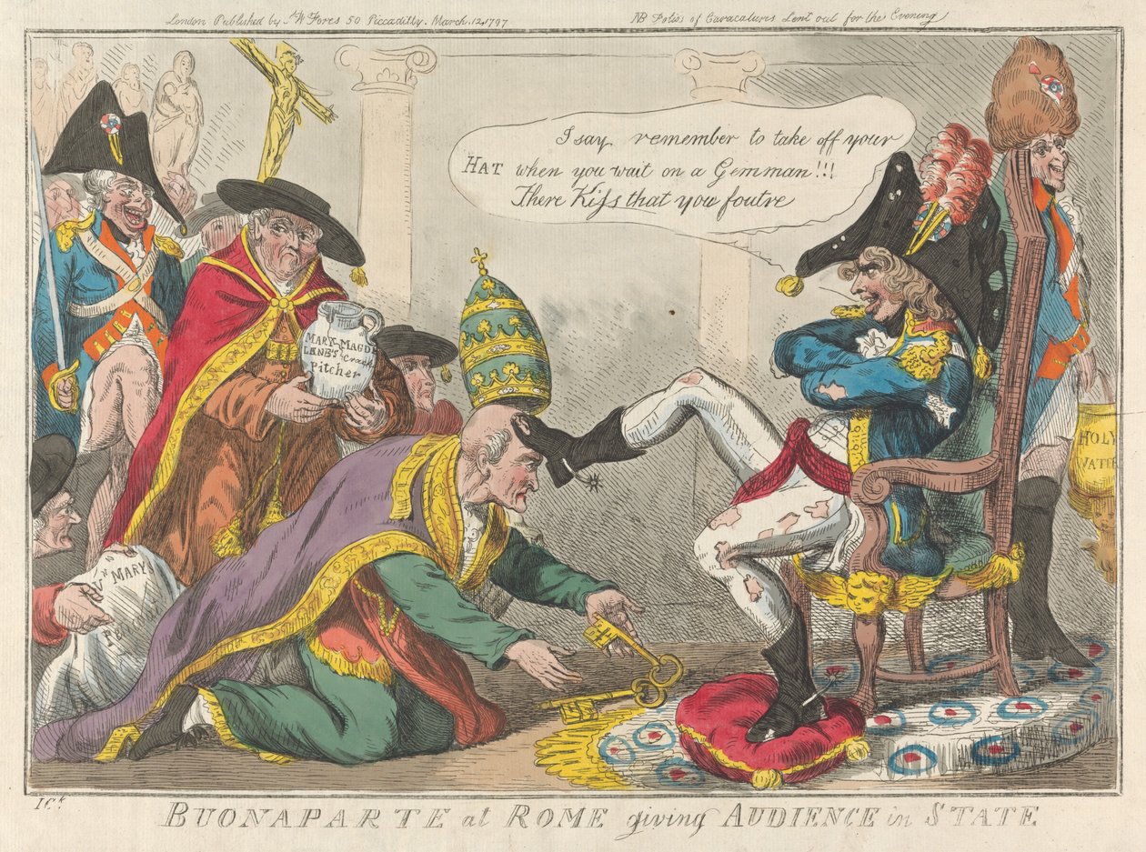 Buonaparte in Rom gibt Audienz im Staatsgewand od Isaac Cruikshank