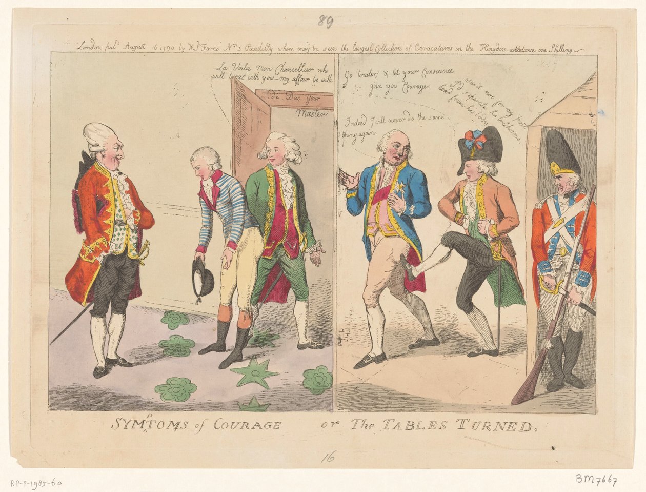 Případ cti mezi De Voglasem a vévodou z Orléans, 1790 Příznaky odvahy aneb Obrácené stoly (název na předmětu) od Isaac Cruikshank