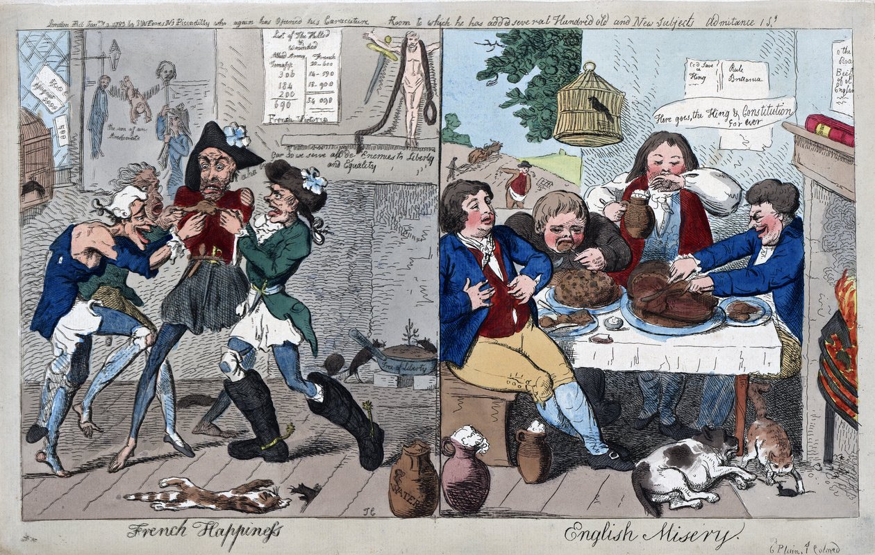 French Happiness: English Misery, pub. 1793 (ručně kolorovaná rytina) od Isaac Cruikshank