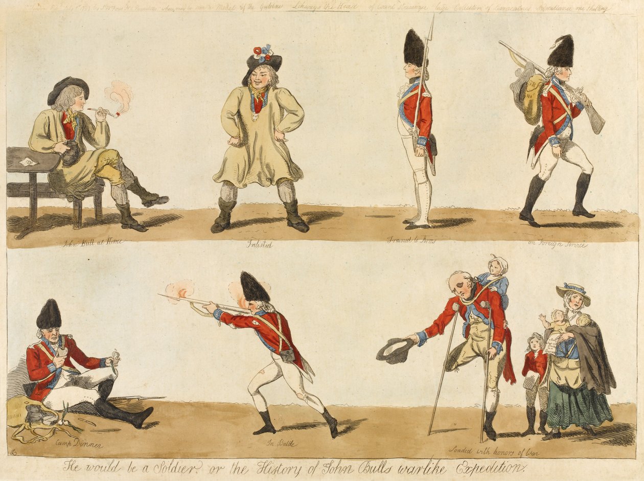 Byl by voják? aneb Historie válečné výpravy Johna Bullse, 1793 (barevný lept) od Isaac Cruikshank