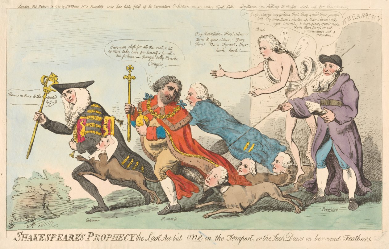 Shakespeares Prophezeiung, der letzte Akt von einem in Der Sturm, oder die Dohle in geliehenen Federn (aus: Karikatur, Bd. 3) od Isaac Cruikshank