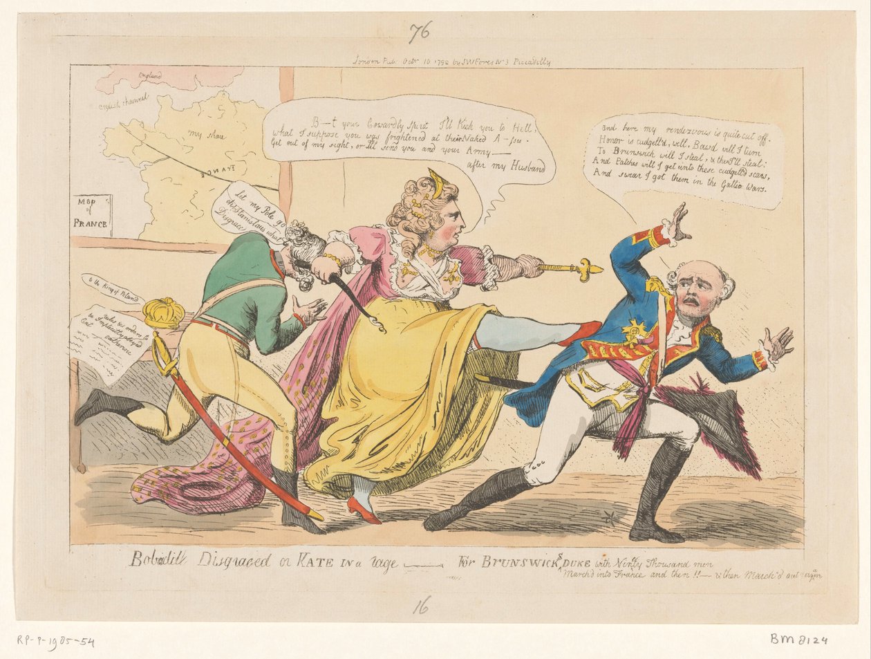 Spotprent o Kateřině II, 1792 Bobadil zneuctěný nebo Kate ve vzteku - Pro Brunswicks Duke (titul na předmětu) od Isaac Cruikshank