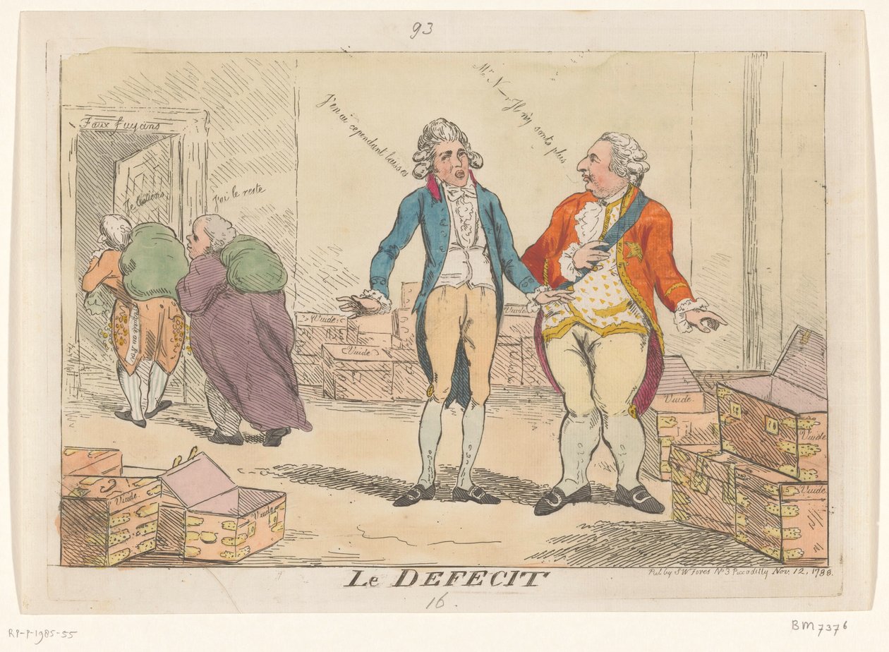 Karikatura francouzské finanční krize, 1788 Le Defecit (název na objektu) od Isaac Cruikshank