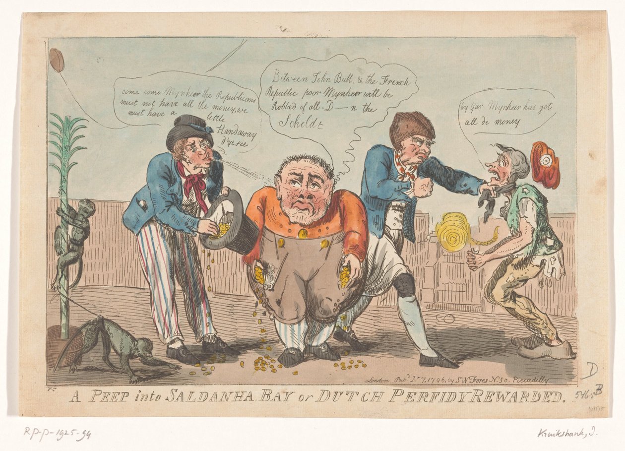 Kreslený film zobrazující kapitulaci batávské flotily v zálivu Saldanha, 1796 A Peep into Saldanha Bay nebo Dutch Perfidy Rewarded (název na objektu) od Isaac Cruikshank