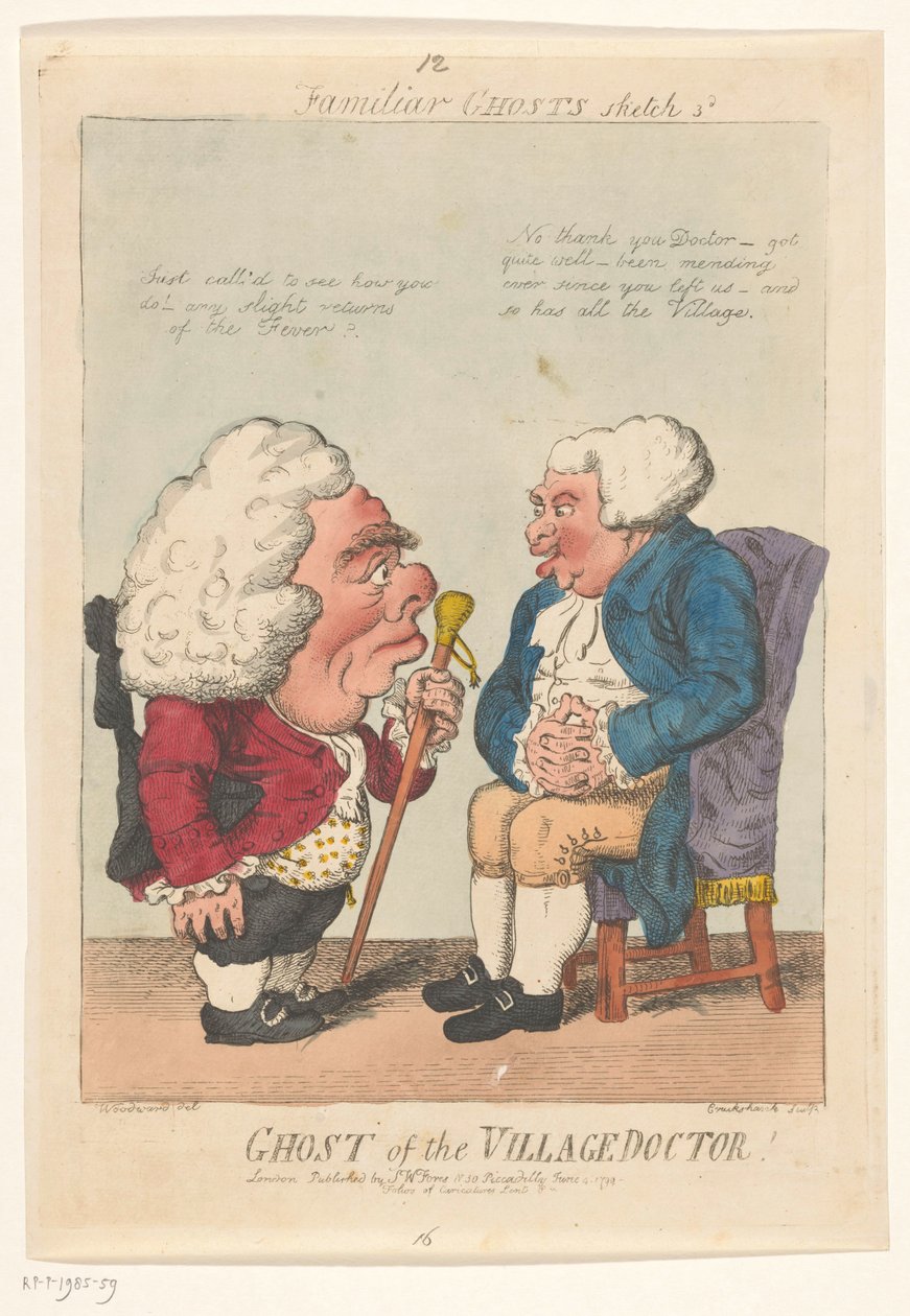 Spotprent op de dorpsarts, 1799 Ghost of the Village Doctor! (název na objektu) Familiar Ghosts (název série na objektu) od Isaac Cruikshank