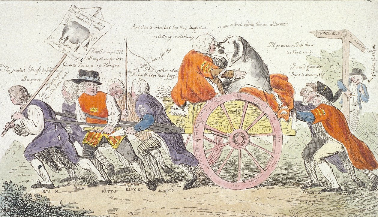 „Cesta korporace do Smithfieldu ve stylu nebo z radních se stali prasečí show muži., 1790 od Isaac Cruikshank