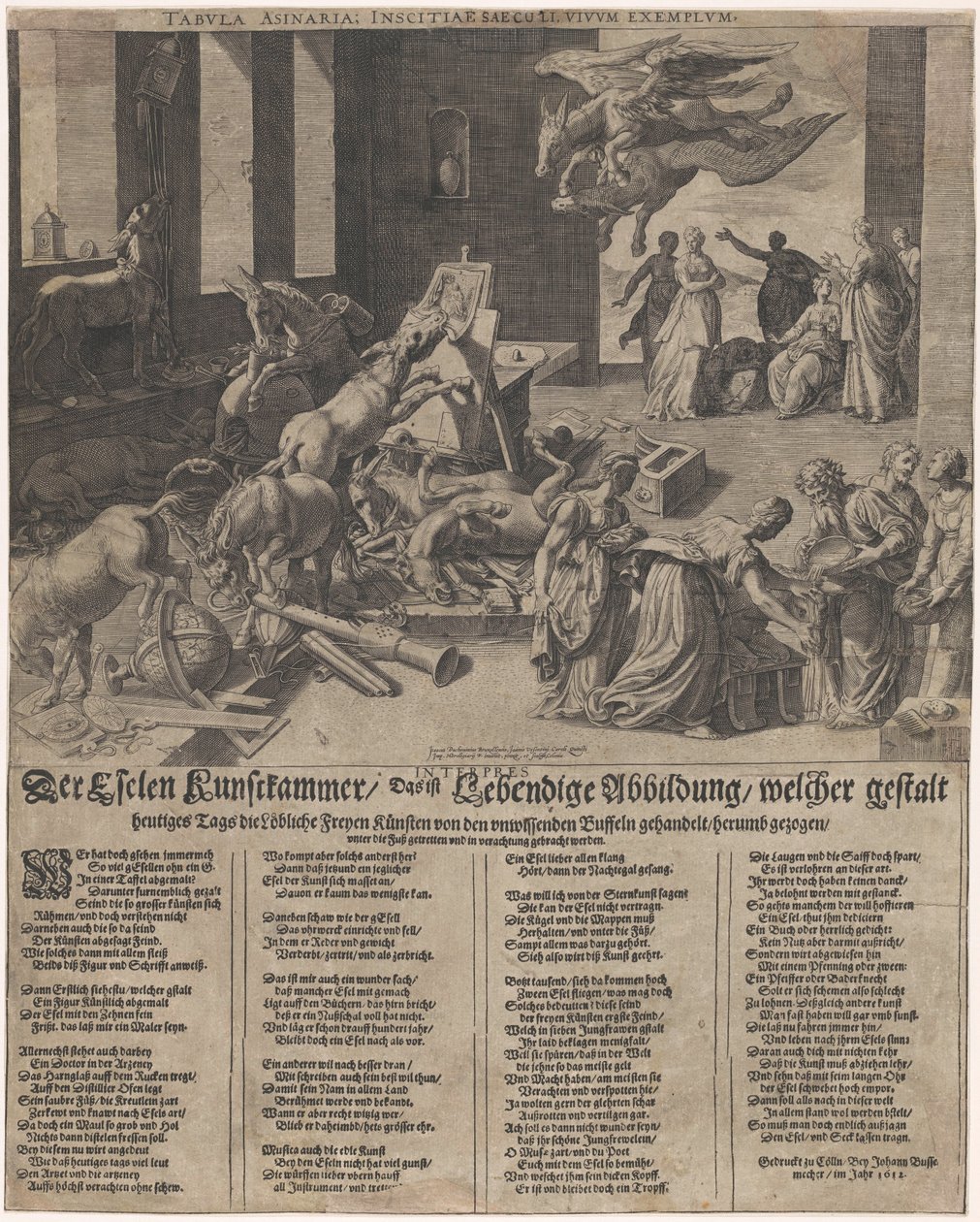 Ezelové používají kunstkomoru Oslík Kunstkammer, to je živá ilustrace, která dnes tvoří chvályhodná volná umění, vláčená ignorantským buvolem (...) (název na předmětu) od Isaac Duchemin