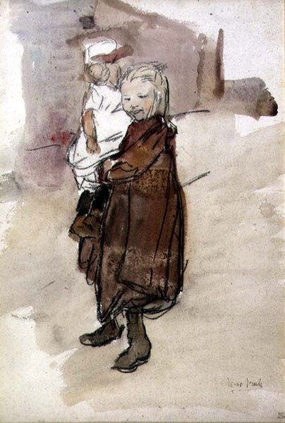 Dívka a dítě (akvarel na papíře) od Isaac Israels