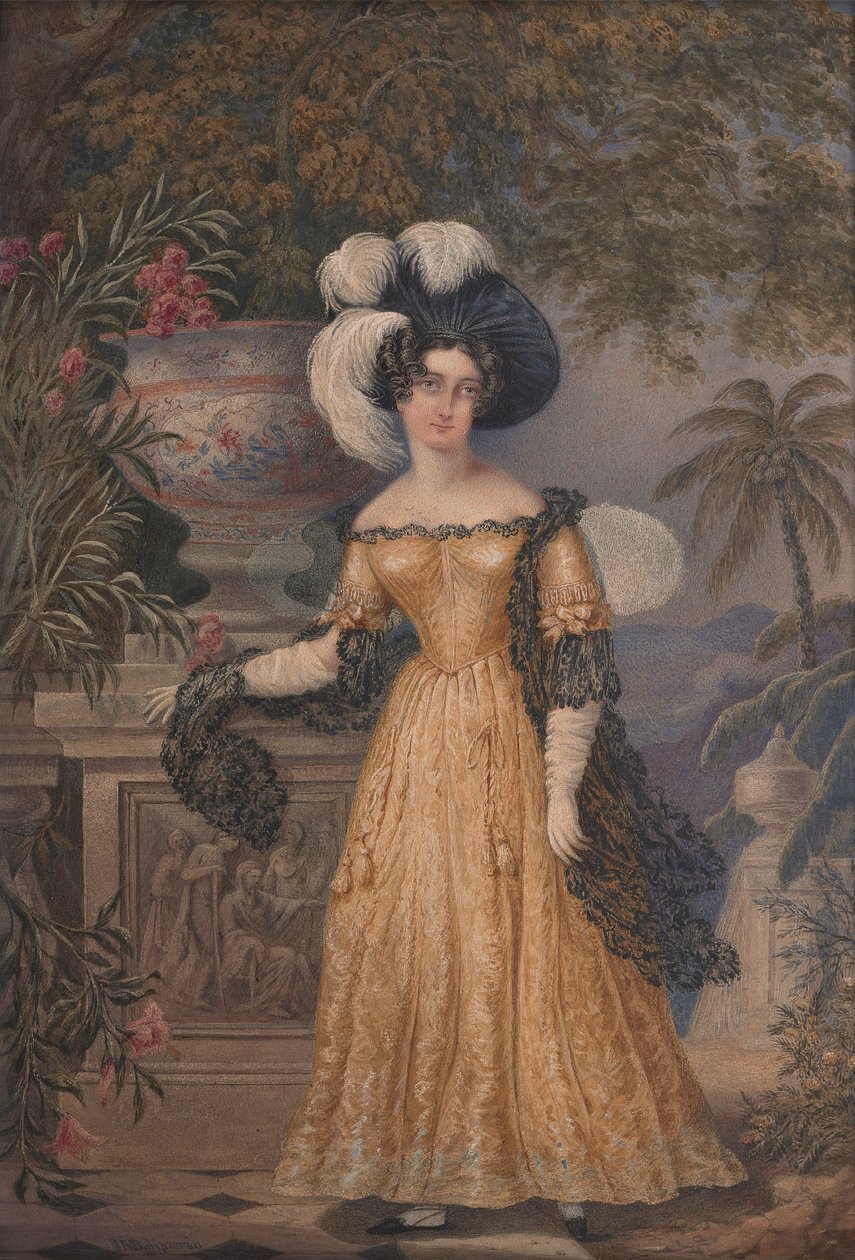 Lady Rowe, stojící malá po celé délce na terase, měsíční jamajská krajina za ní od Isaac Mendes Belisario