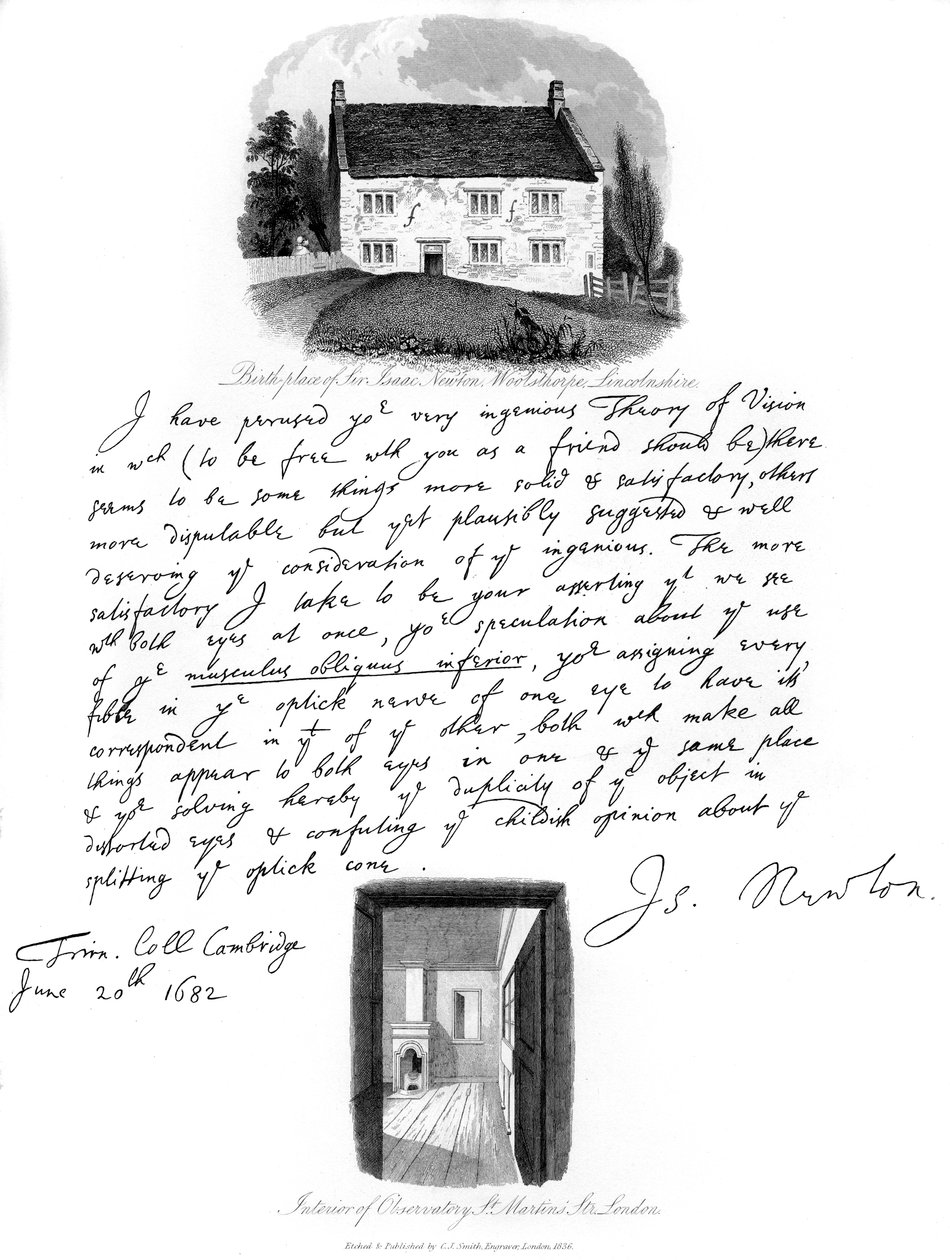 Dopis od Isaaca Newtona a pohled na jeho rodiště ve Woolsthorpe, Lincolnshire, 1682, 1840. od Isaac Newton