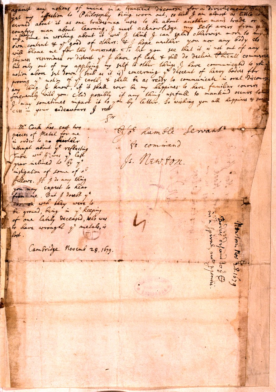 Dopis napsaný Isaacem Newtonem, 28. listopadu 1679 od Isaac Newton