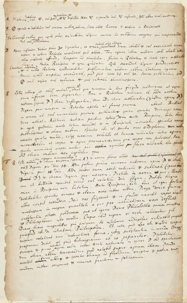 Záznam experimentu v šesti fázích počínaje destilací následovanou pálením, další destilací, odvarem, kalcinací a sublimací, cca 1700 od Isaac Newton