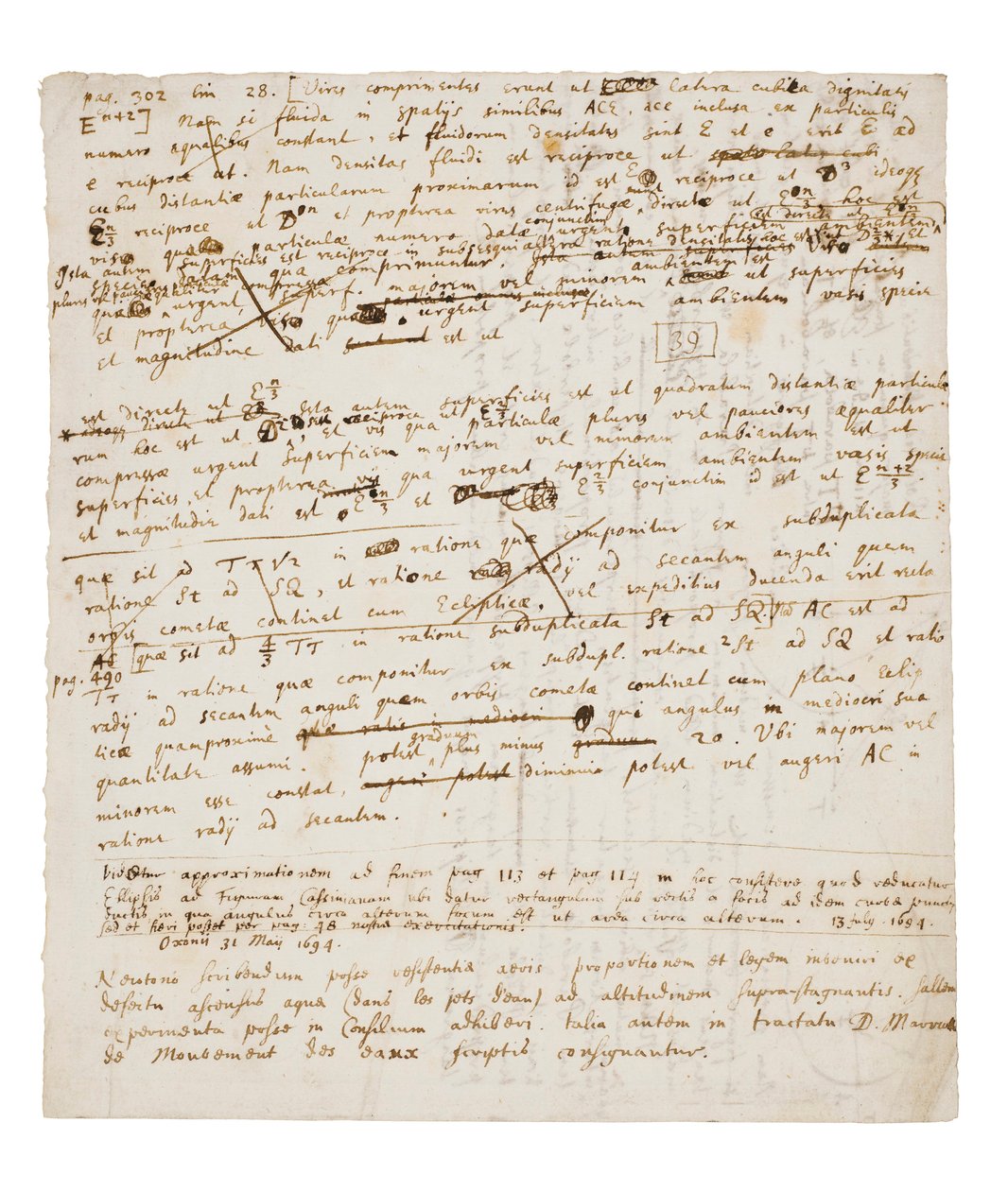Dvě stránky revizí Principia Mathematica od Isaac Newton