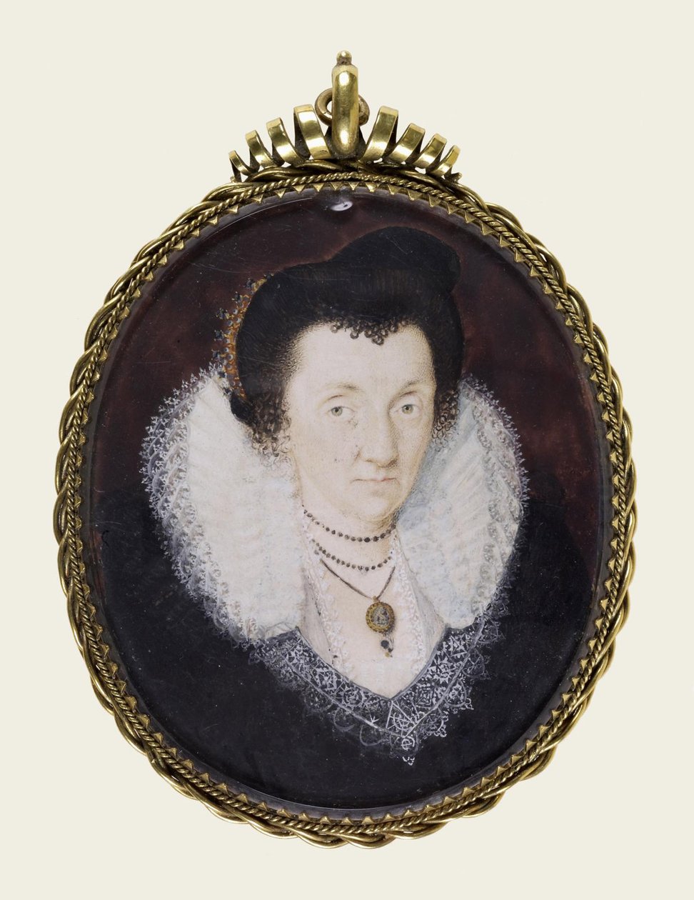 Lady Anne Bacon, cca 1600 (neprůhledný akvarel a zlacení na pergamenu) od Isaac Oliver