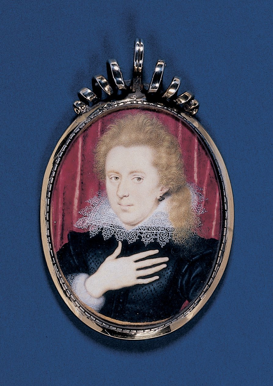 Portrétní miniatura mladého gentlemana, kolem roku 1615 (akvarel na pergamenu položený na kartonu se stříbrně zlaceným rámem) od Isaac Oliver