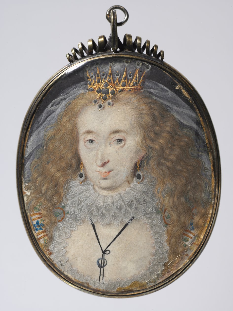 Portrét Lucy Russell, hraběnky z Bedfordu, kolem 1608-16 (akvarel na pergamenu se zlatem a stříbrem ve stříbrném zlaceném rámu) od Isaac Oliver