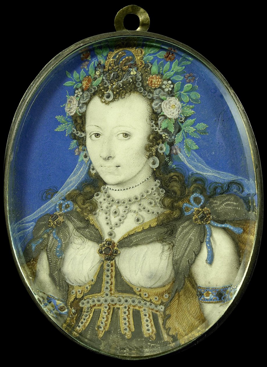 Portrét ženy jako Flora, cca 1600-17 (pergamen, stříbro a sklo) od Isaac Oliver
