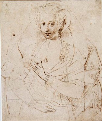 Portrét neznámé dámy, formálně zvané Lucy Harrington, hraběnka z Bedfordu, skica k miniaturě (č. 3902) c.1605 (pero a inkoust, křída na papíře) (viz také 58811) od Isaac Oliver