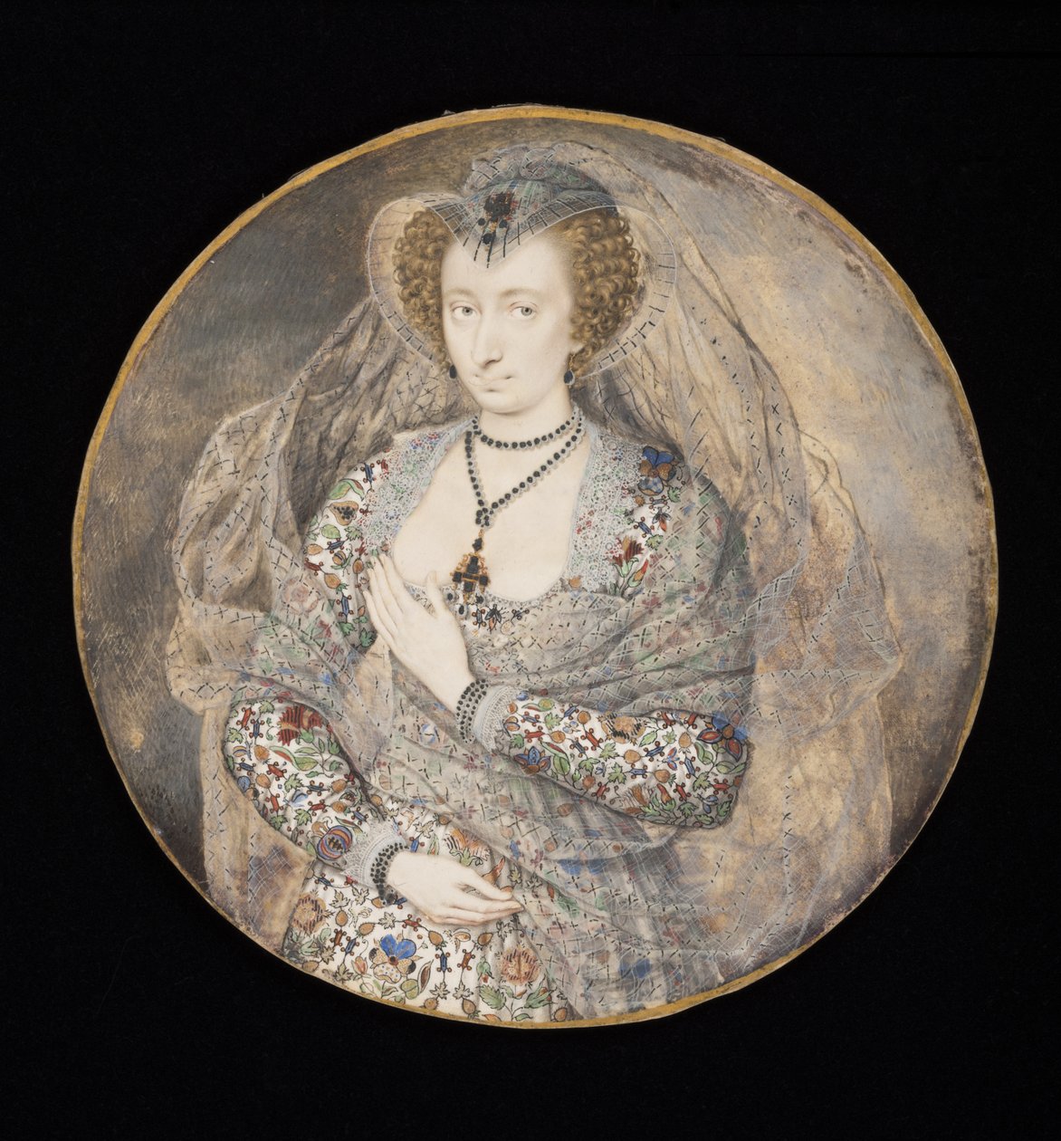 Neznámá dáma, dříve nazývaná Lucy Harrington, hraběnka z Bedfordu, kolem 1605 (barva těla a wc na kartě) (náčrt viz 88888) od Isaac Oliver