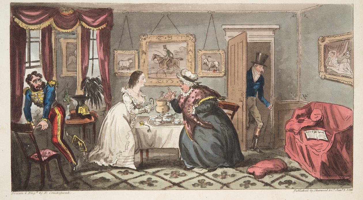 Bath Beau a Frail Belle aneb pan B. a slečna L., z The English Spy, pub. 1824 (ručně kolorovaná rytina) od Isaac Robert Cruikshank