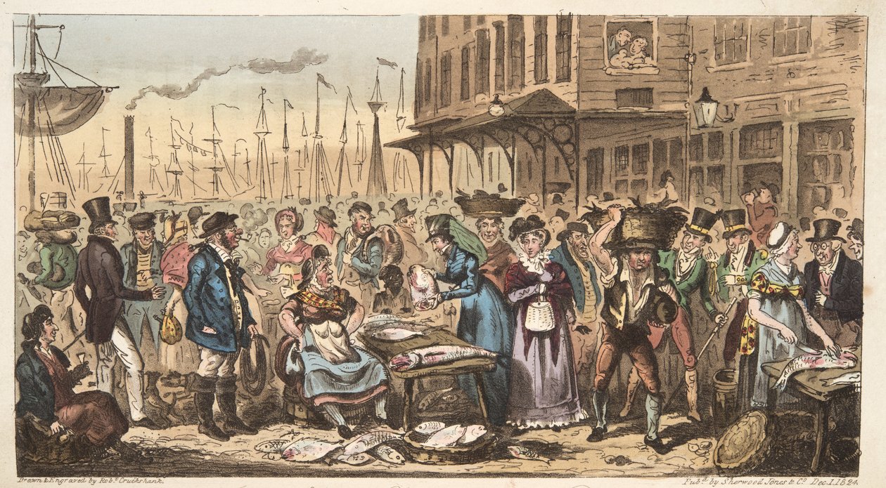 Dovádění ve vysokém životě, aneb Návštěva Billingsgate, od The English Spy, hospoda. 1824 (ručně kolorovaná rytina) od Isaac Robert Cruikshank