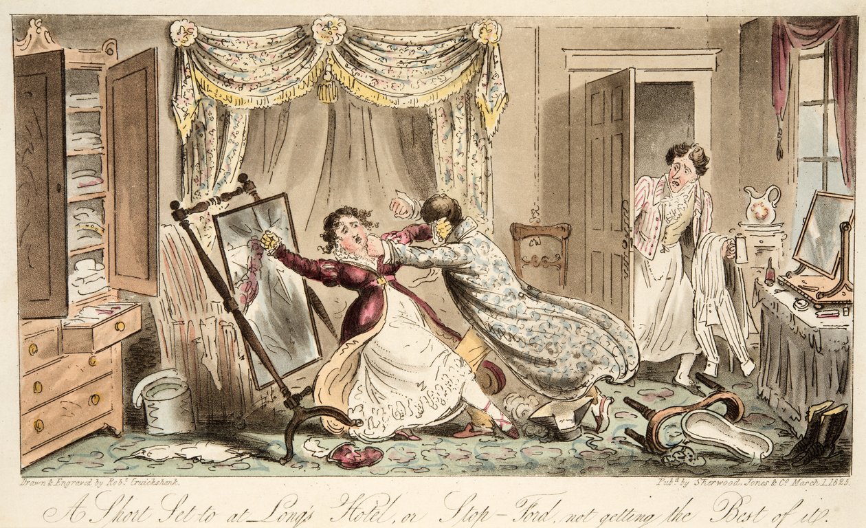 Krátký set na Longs Hotel nebo Stop-Ford nedostává to nejlepší, z hospody The English Spy. 1824 (ručně kolorovaná rytina) od Isaac Robert Cruikshank