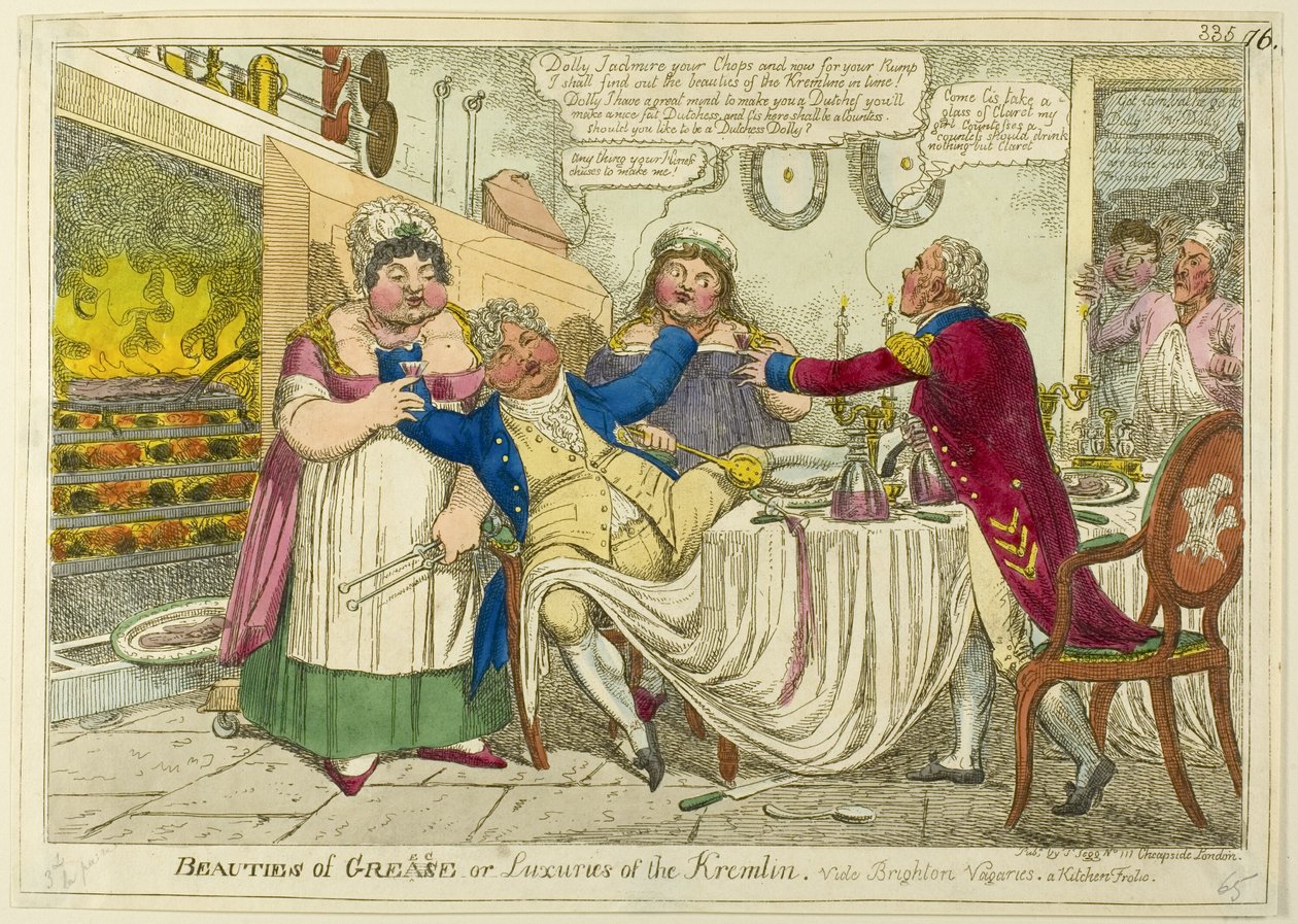 Krásky Pomády [změněno na] Řecko - aneb - Luxus Kremlu. Vide Brightonské rozmary. A Kitchen Frolic. od Isaac Robert Cruikshank