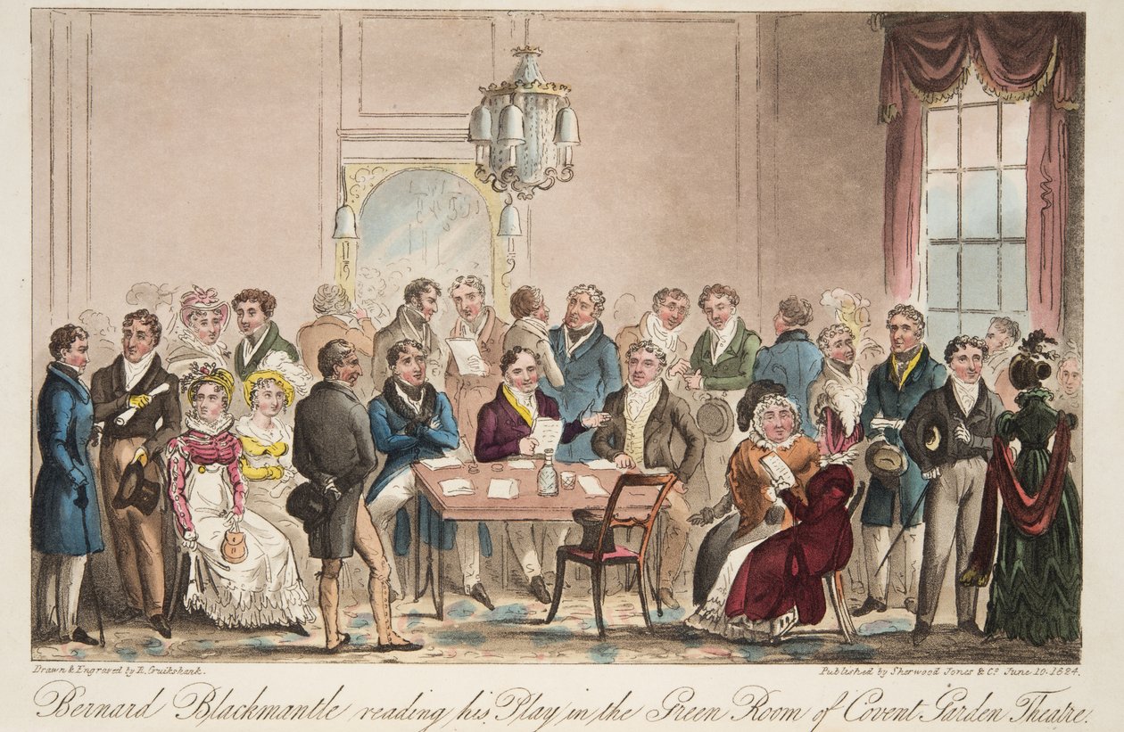 Bernard Blackmantle čte svou hru v Green Room divadla Covent Garden, z hospody The English Spy. 1824 (ručně kolorovaná rytina) od Isaac Robert Cruikshank
