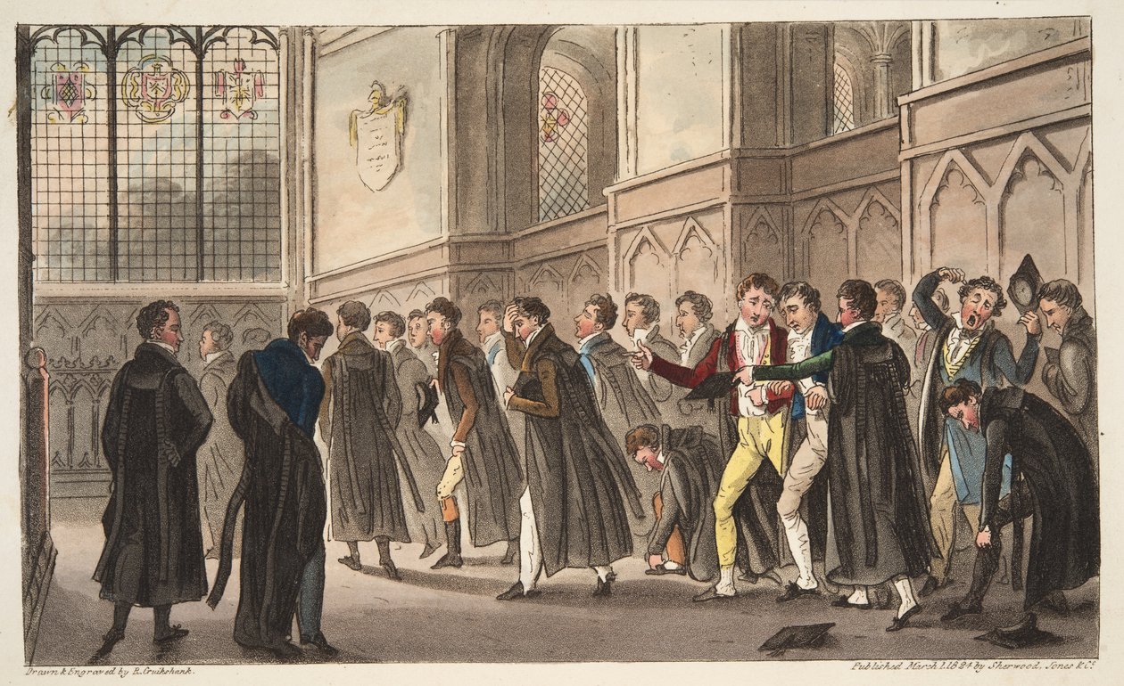 Black Matins, aneb The Effects of Late Drinking upon Early Risers, od The English Spy, pub. 1824 (ručně kolorovaná rytina) od Isaac Robert Cruikshank