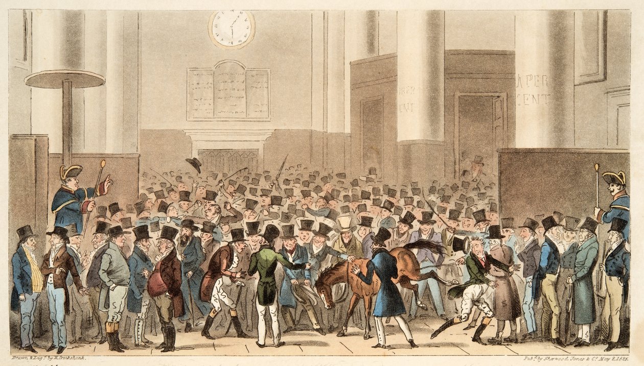 Býci a medvědi ve velkém shonu nebo Billy Wrights Poney se stal členem burzy, z hospody The English Spy. 1824 (ručně kolorovaná rytina) od Isaac Robert Cruikshank