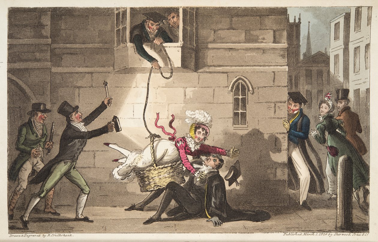 Capping a Proctor neboli Oxford Bull psi odhalující bezostyšné pašeráky, z The English Spy, vydáno Londýn, 1824 (ručně kolorovaná rytina)) od Isaac Robert Cruikshank