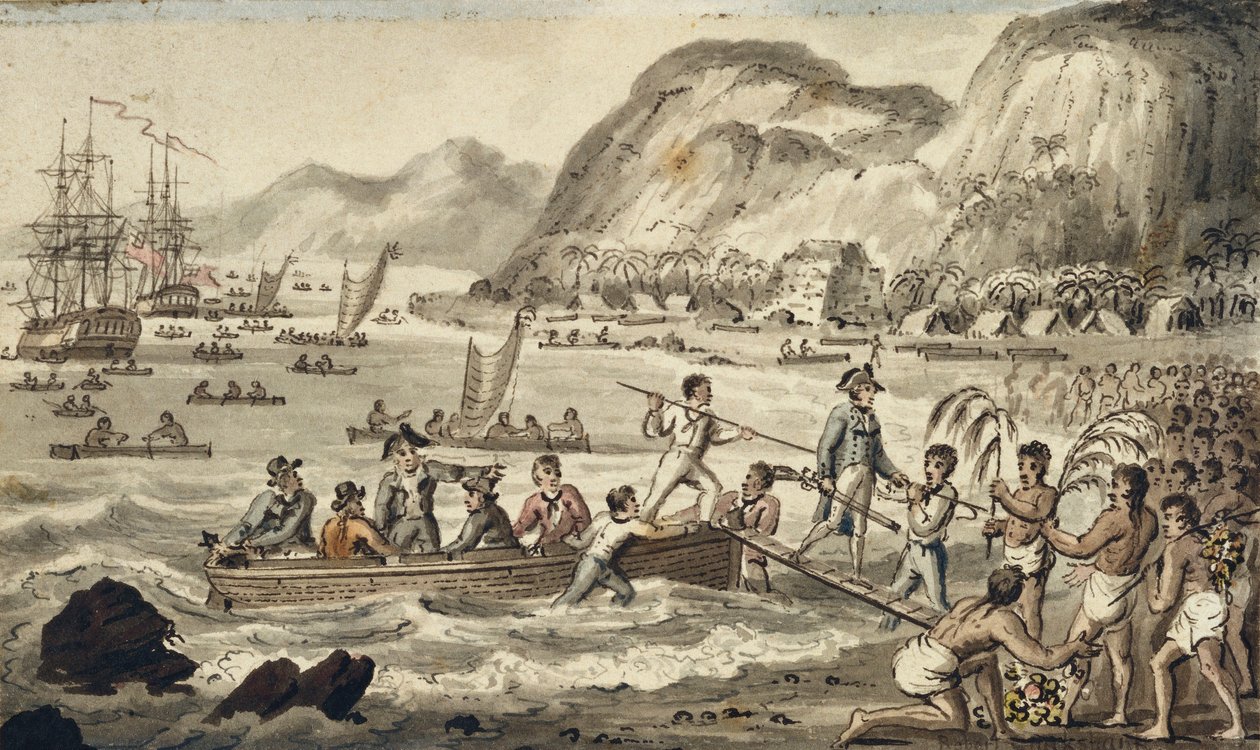 Captain Cook Landing in Owyhee, ilustrace z „The Voyages of Captain Cook“ od Isaac Robert Cruikshank