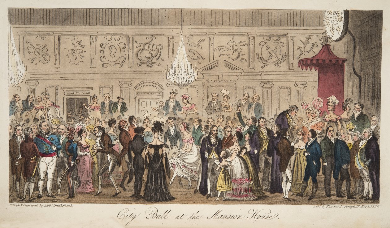 Městský ples v Mansion House, od The English Spy, hospoda. 1824 (ručně kolorovaná rytina) od Isaac Robert Cruikshank