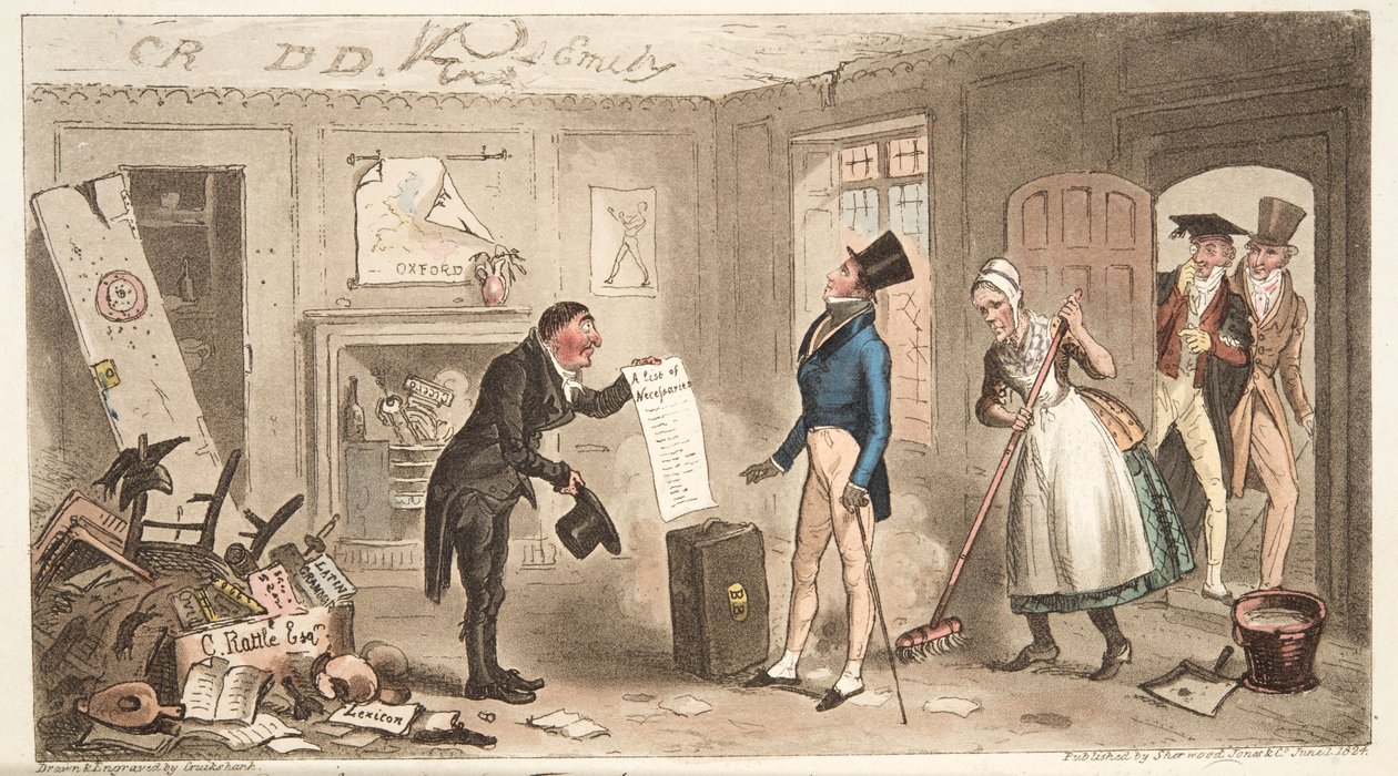 College Comforts, prvák, který se zmocnil jeho pokojů, z anglického špióna, hospoda. 1824 (ručně kolorovaná rytina) od Isaac Robert Cruikshank