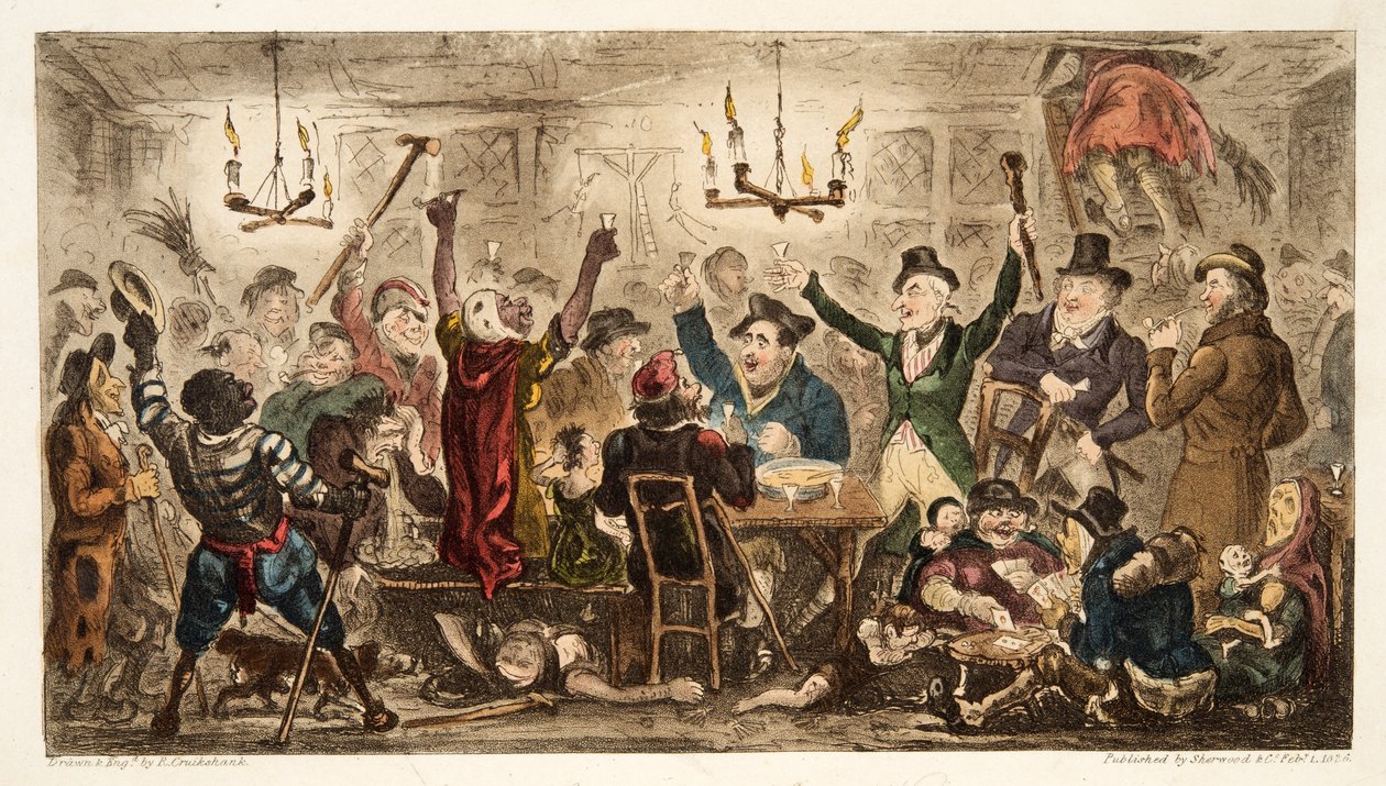 Courtiers Carousing in a Cadgers Ken, od The English Spy, pub. 1824 (ručně kolorovaná rytina) od Isaac Robert Cruikshank