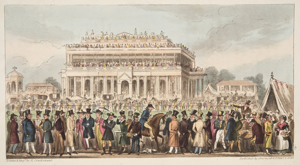 Doncaster Race Course během Great St. Leger Race, 1824, od The English Spy, pub. 1824 (ručně kolorovaná rytina) od Isaac Robert Cruikshank