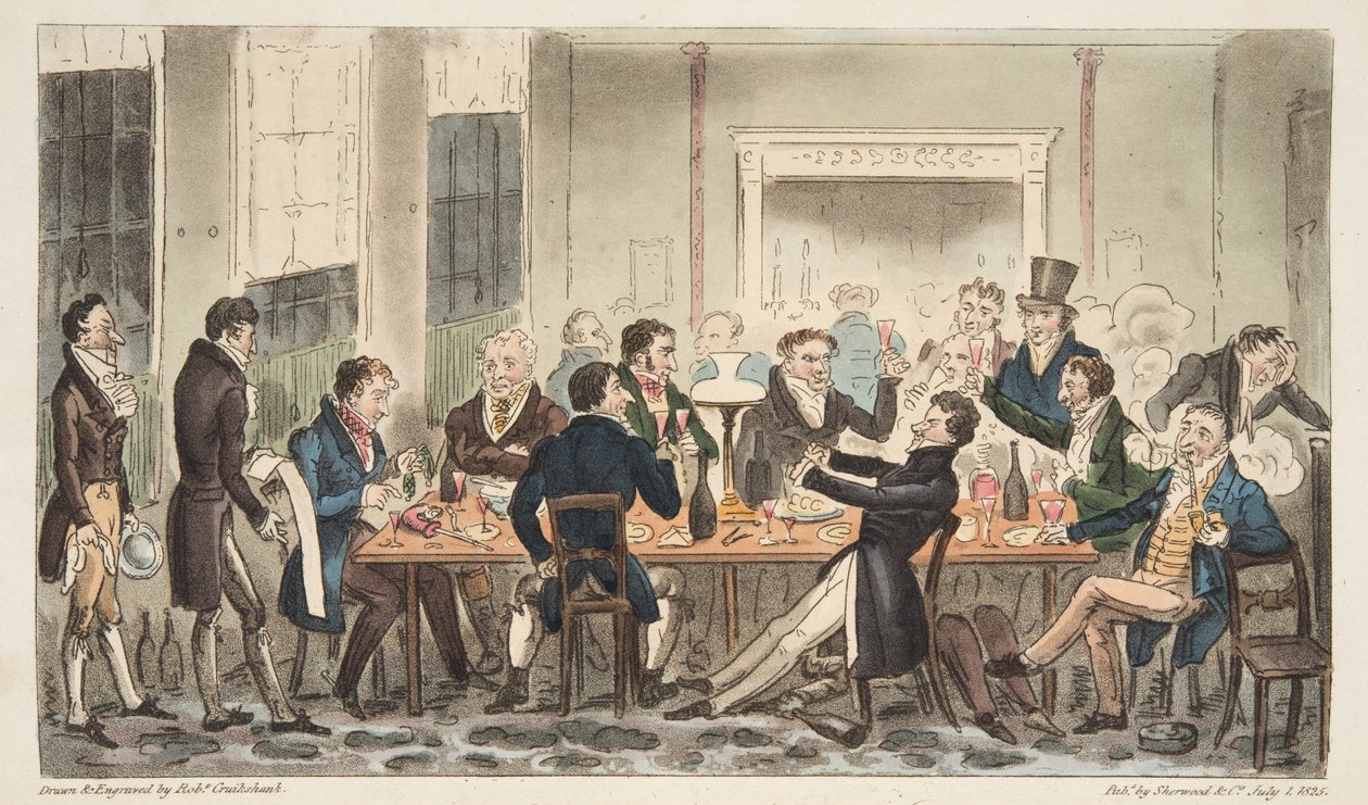 Večer a ve vysoké náladě, scéna v Longs Hotel, Bond Street, z hospody The English Spy. 1824 (ručně kolorovaná rytina) od Isaac Robert Cruikshank