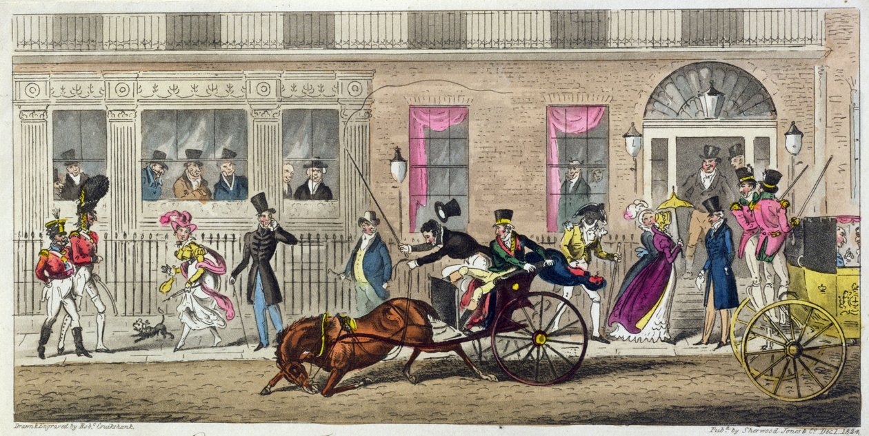 Exteriér Fishmongers Hall, a Regular Break Down, 1824 (akvatinta) od Isaac Robert Cruikshank