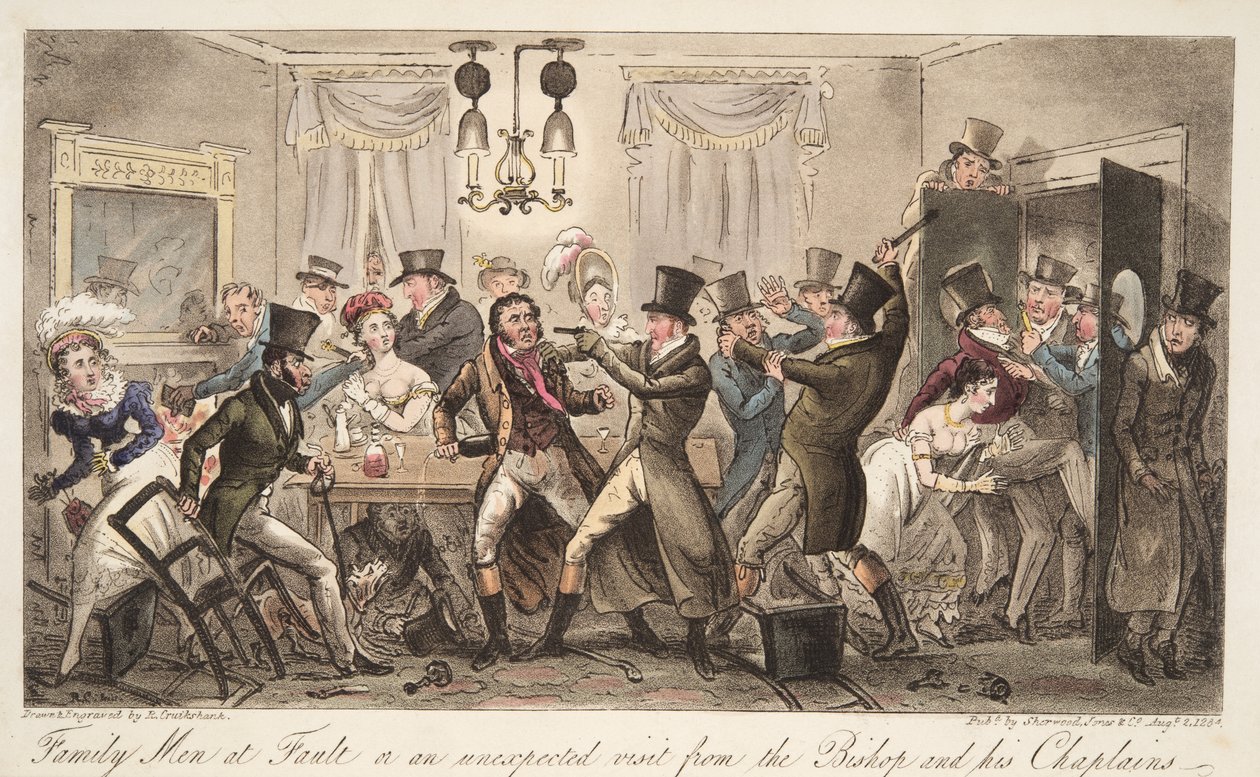 Family Men at Fault, aneb neočekávaná návštěva biskupa a jeho kaplanů, z hospody The English Spy. 1824 (ručně kolorovaná rytina) od Isaac Robert Cruikshank