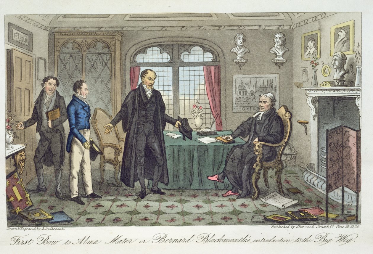 First Bow to Alma Mater, aneb úvod Bernarda Blackmantla k Velké paruce, z „Anglického špióna“, Charles Molloy Westmacott (1788-1868), publikováno v Londýně, 1825 od Isaac Robert Cruikshank