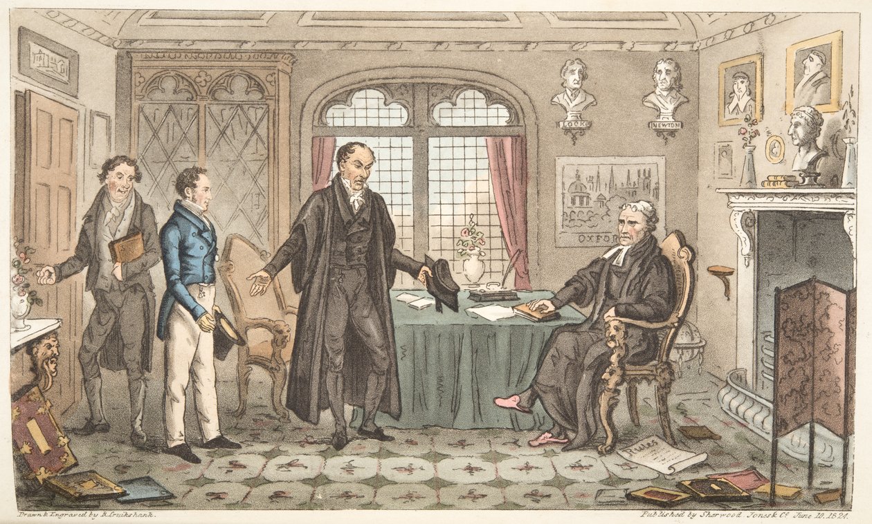 First Bow to Alma Mater, nebo Bernard Blackmantles úvod k Big Paruce, od The English Spy, vydáno Londýn, 1824 (ručně kolorovaná rytina) od Isaac Robert Cruikshank