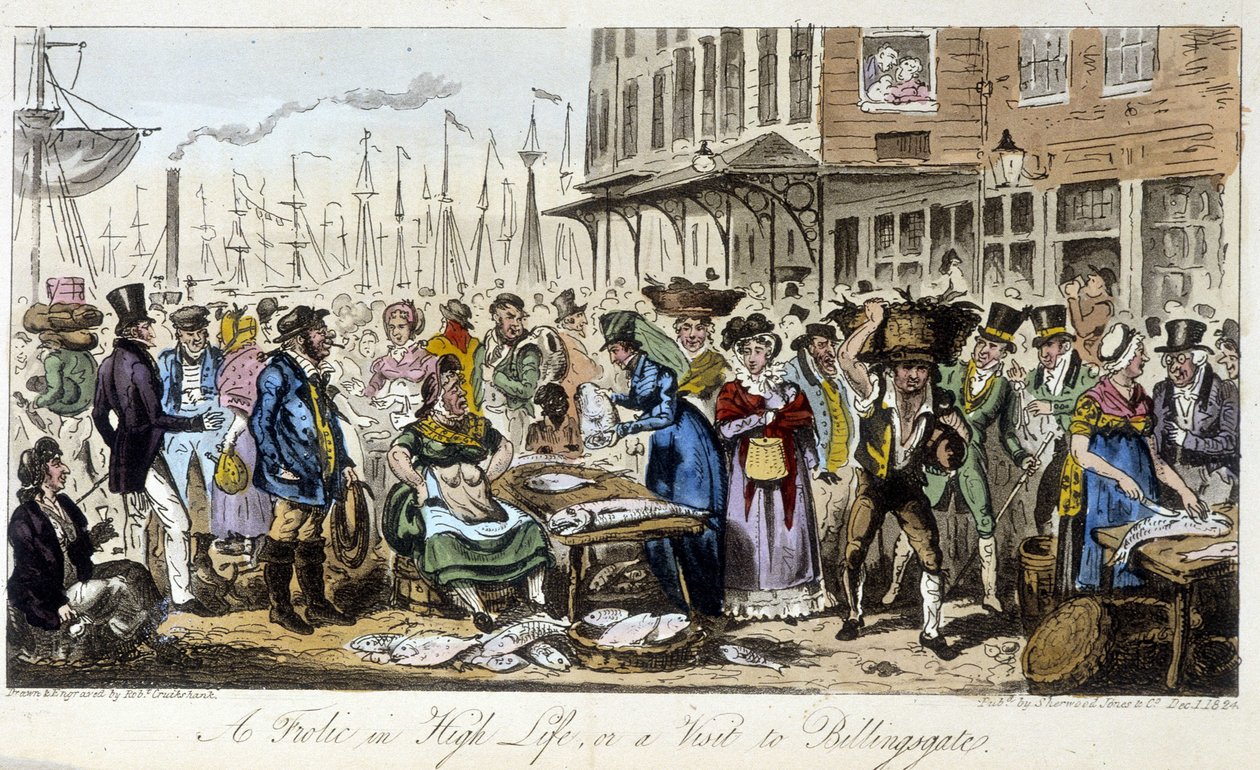 Rybí trh v Londýně - v „Anglickém špiónovi“ od Charlese Molloy Westmacotta, kresba Robert Cruikshank, London Edition od Isaac Robert Cruikshank